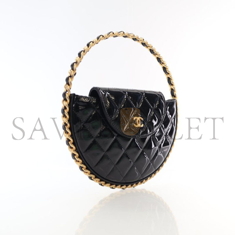 Ch*el patent calfskin quilted chain hoop bag black ap3585 (23*23*3cm)